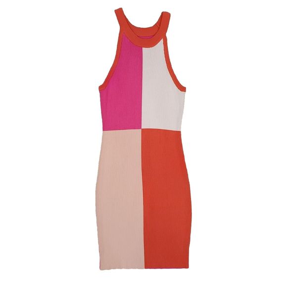 YIWEI Colorblock Ribbed Bodycon Mini Dress S Tank Sleeveless Stretch Crew Neck - Picture 2 of 11